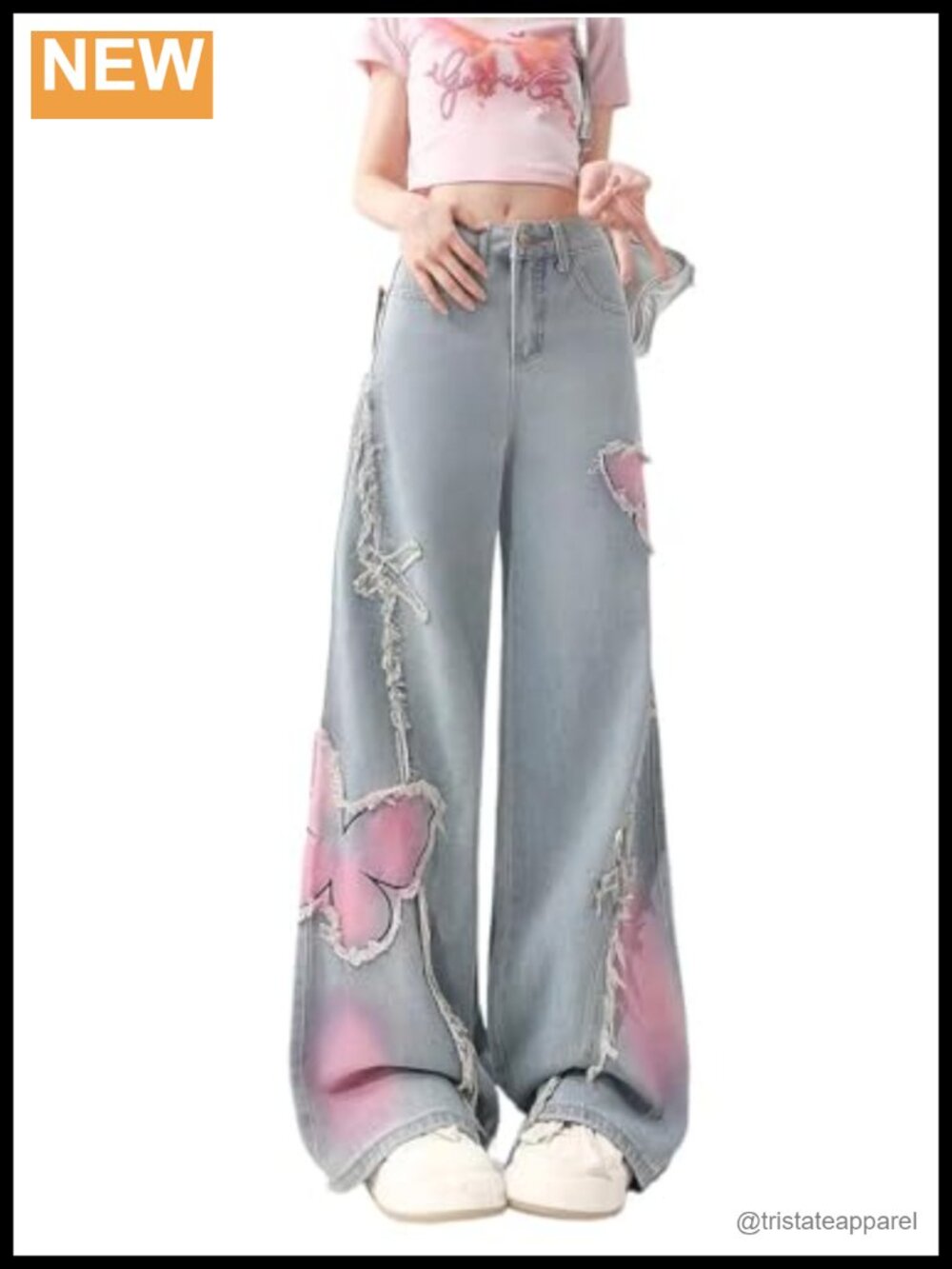 Y2K Baggy Ripped Jeans Wide Leg Butterfly Print Star Patch Distressed Denim